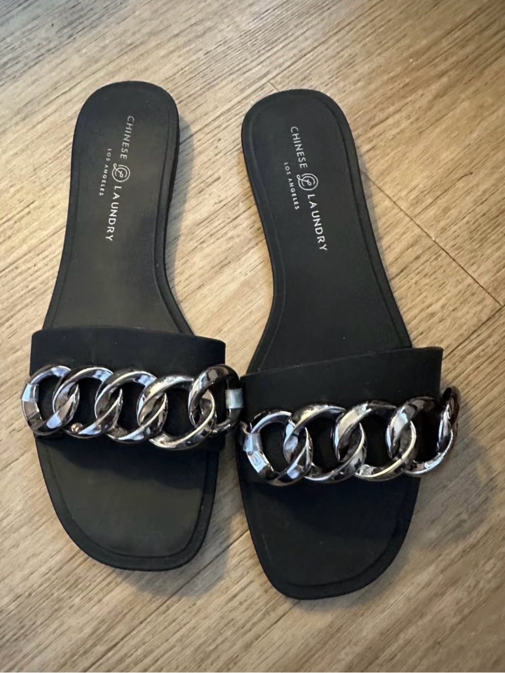 Chinese Laundry Black Slide Mules with Chunky Silver Chain